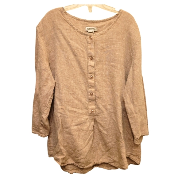 Orvis Linen Button Down Made in India Quarter Sleeve Blouse Size Large - Picture 1 of 8